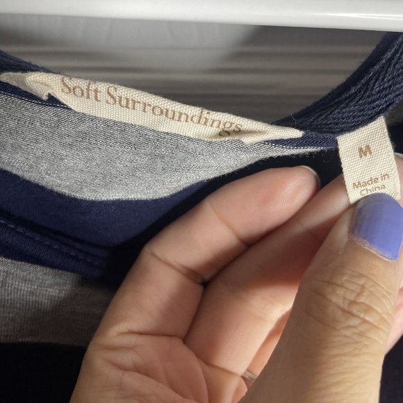 Soft Surroundings Adrift Dress M Striped Tie Cuffs Dolman Sleeves Navy Gray - Picture 4 of 8